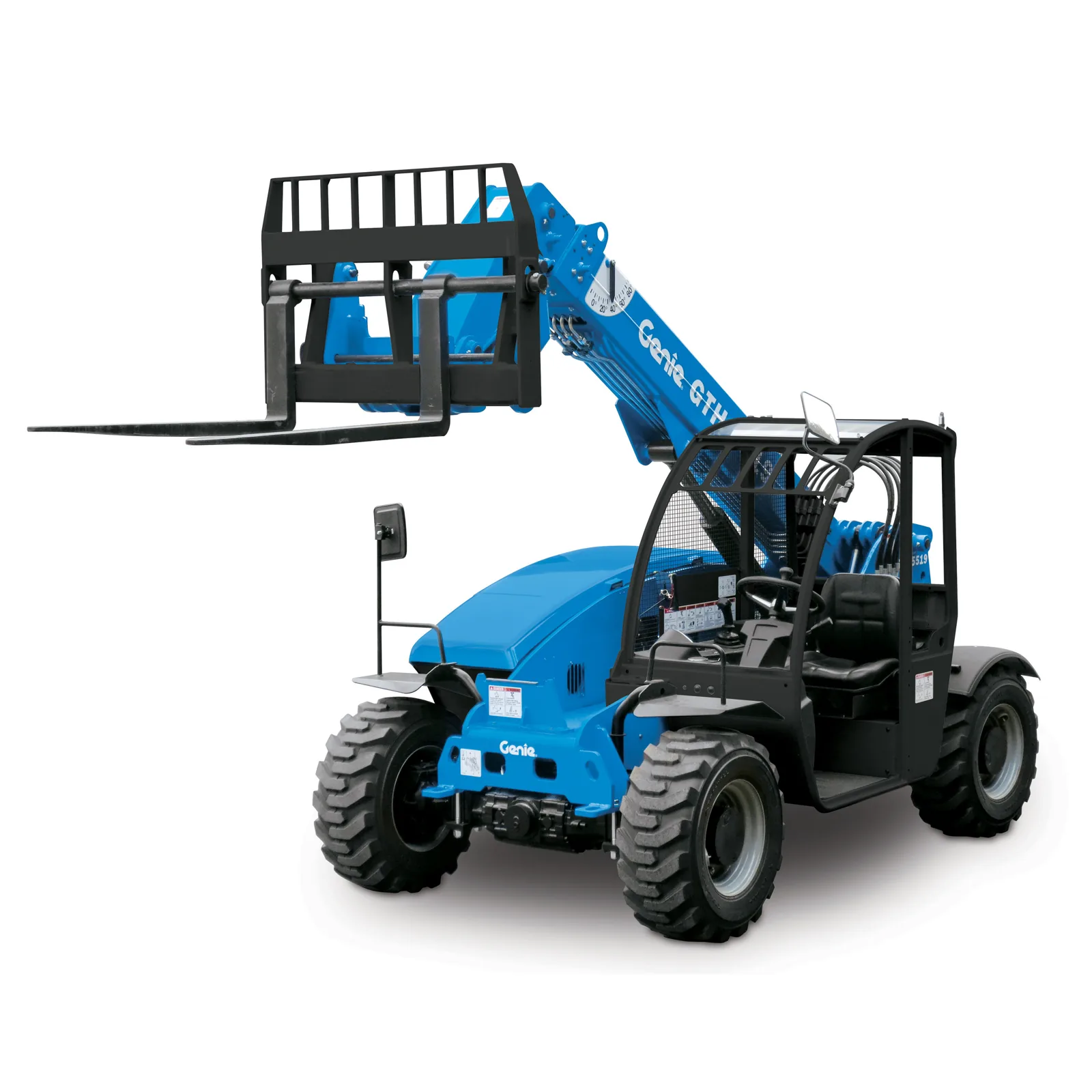 Front angled view of a blue Genie telehandler with extended boom and black fork attachment with an open cabin.
