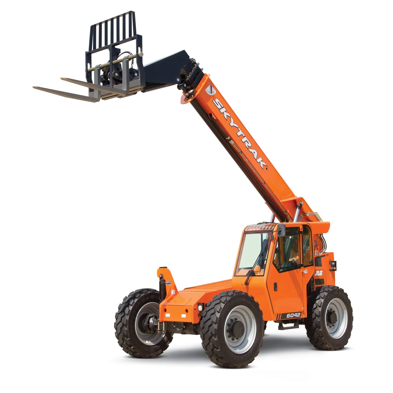 Front angled view of an orange Skytrak telehandler with an extended boom, black forklift attachment and enclosed cabin.