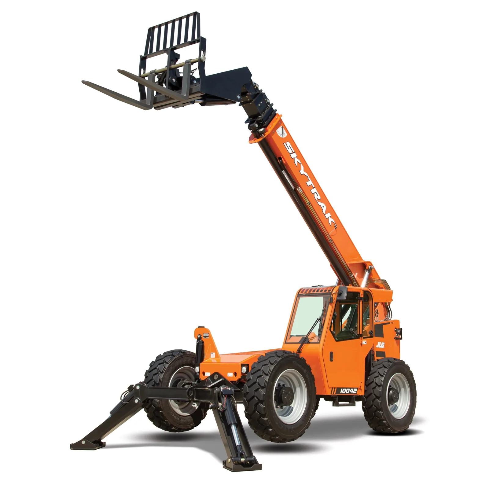 Front angled view of orange SkyTrak telehandler with black tires, an extended boom, stabilizers and forklift attachment.