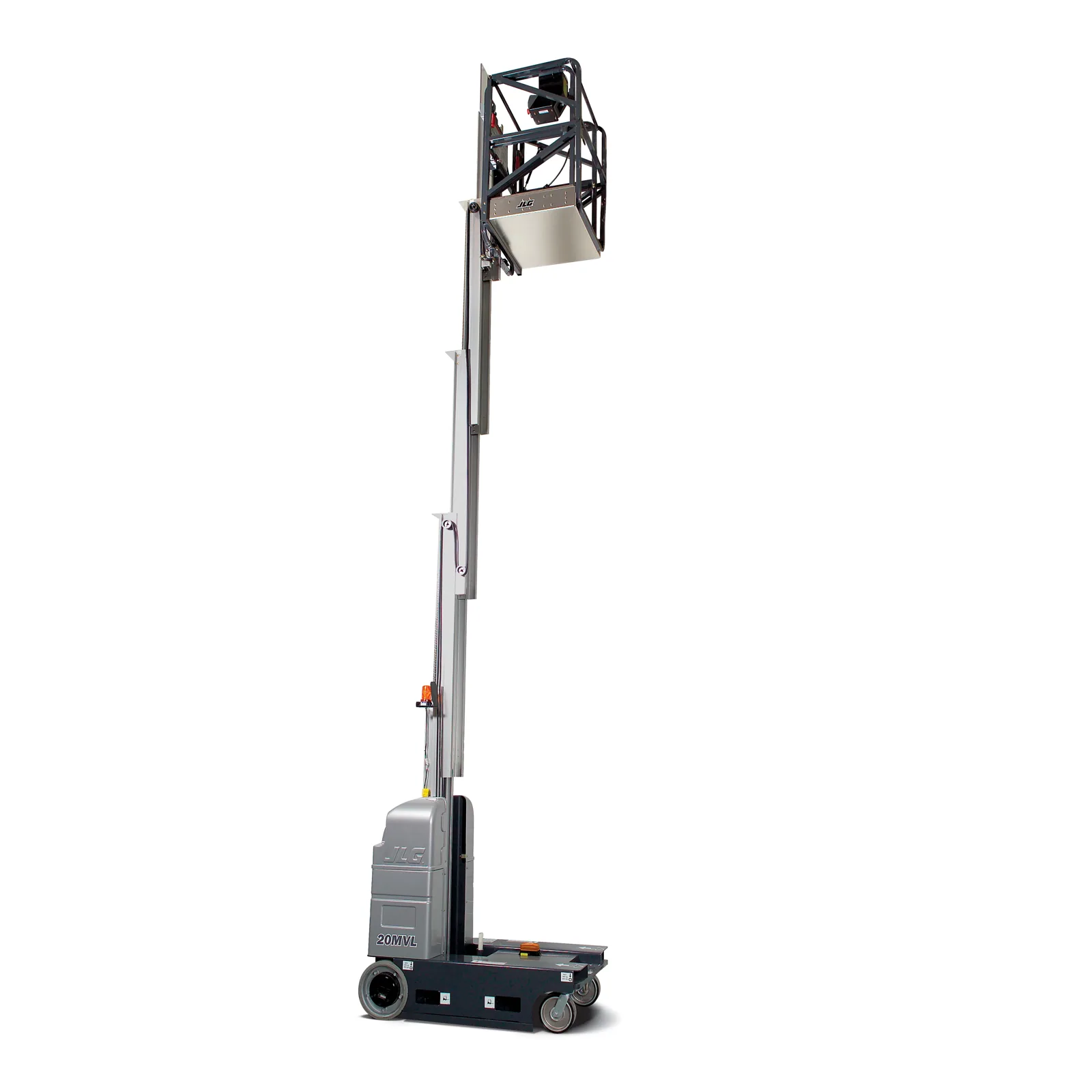 Side view of an extended gray vertical mast lift with a platform.