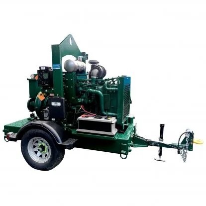 Green Trailer Mounted Trash Pump On White Background Product Shot