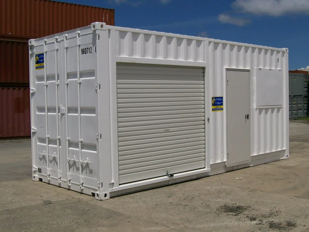 White combo office container in United Rentals shipping yard