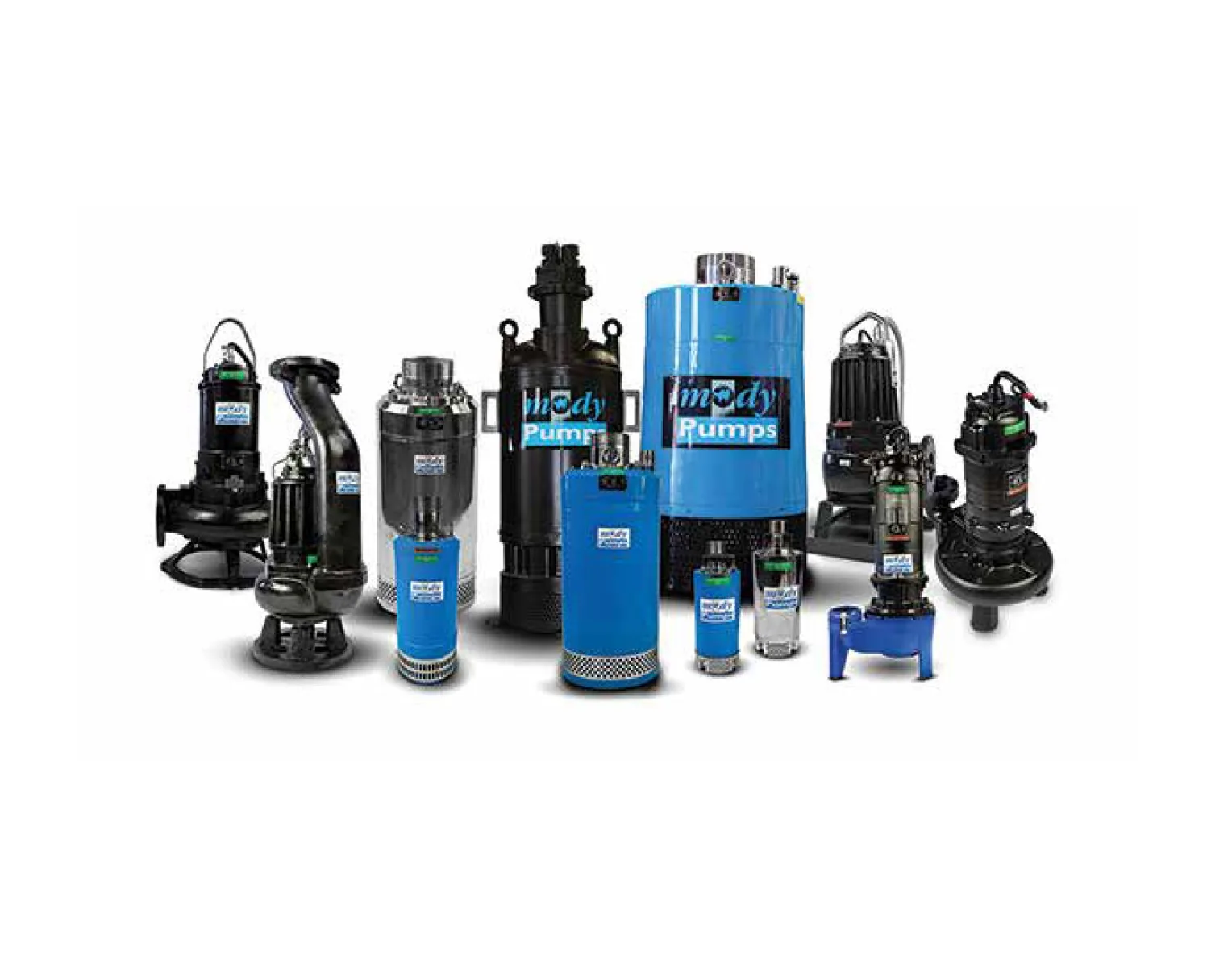 blue and black electric submersible pumps on a white background