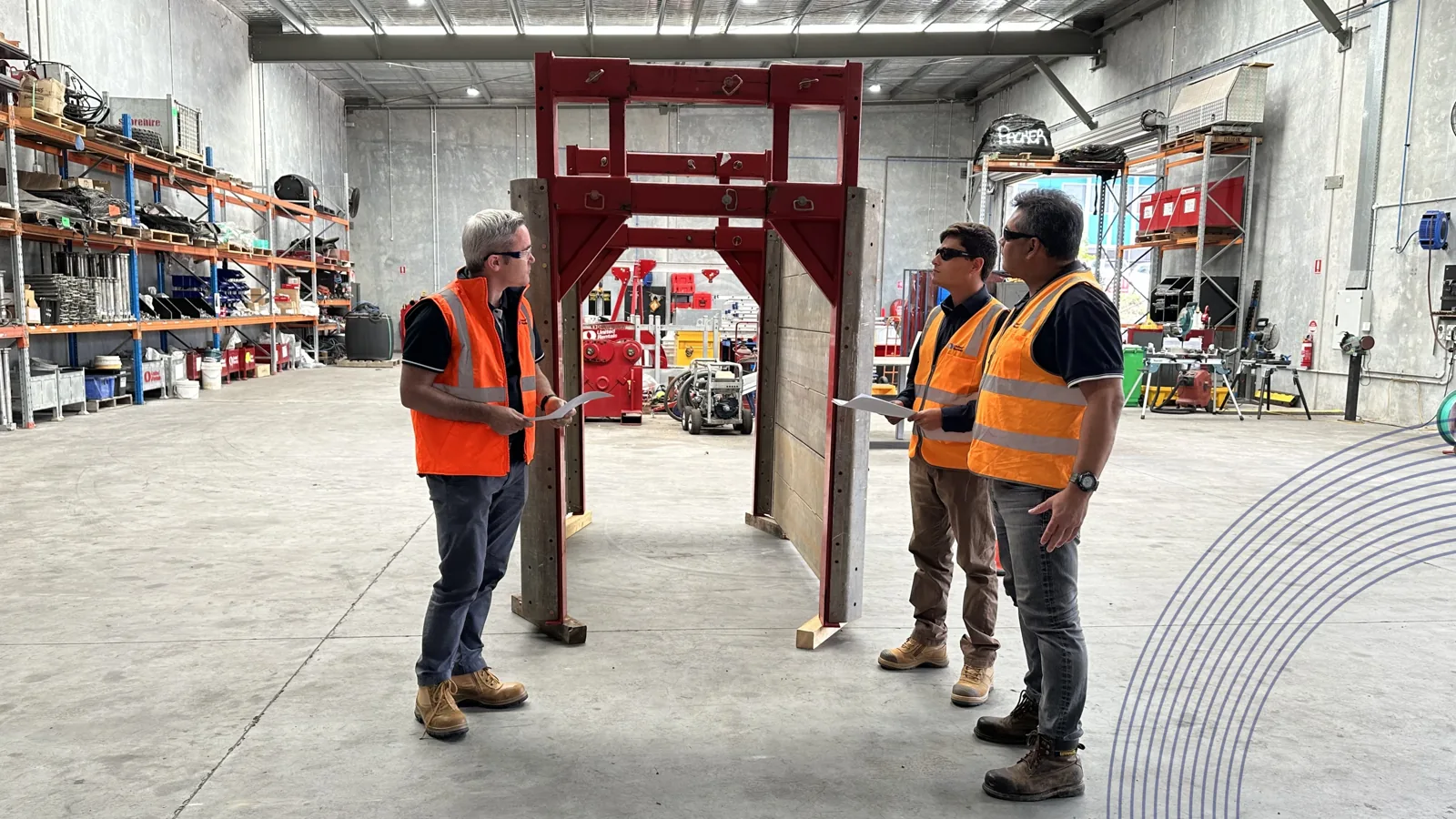 Three engineers talking to each other and standing in front of an aluminium shoring box.